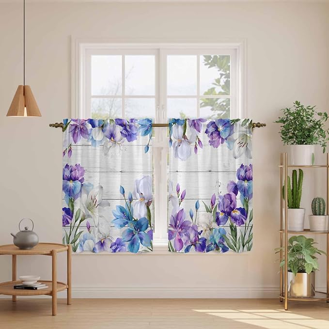 Spring Flowers Tier Curtains, Watercolor Garden Florals Wooden Grain Light - Image 3