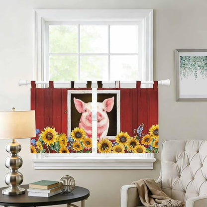 Pigs Sunflowers Kitchen Curtains 24 Inch Length, Small Window Curtains Tab Top - Image 2