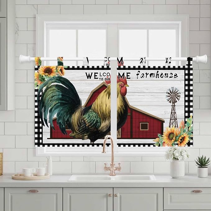 Farmhouse Rooster Kitchen Curtains 36 Inch Length, Small Window Curtains Tab Top - Image 3