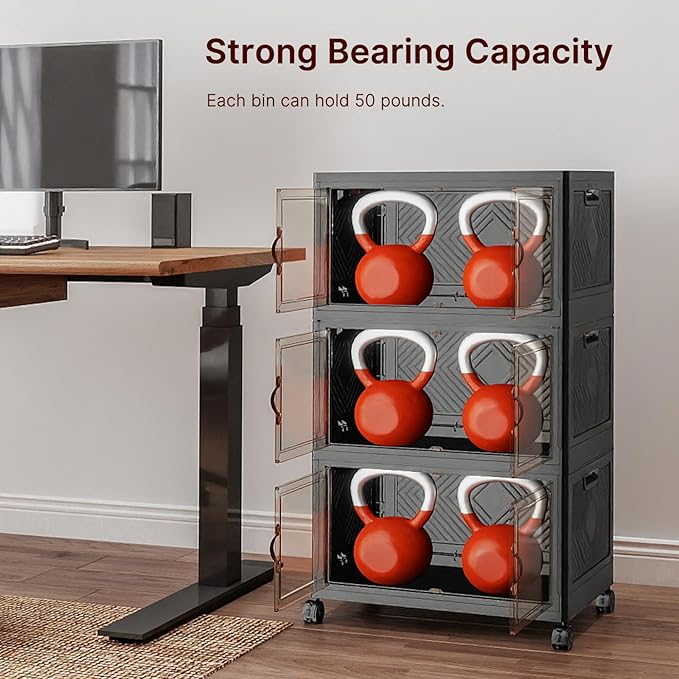 Extra Large Stackable Storage Bins with Lids & Wheels, 165QT-55QT/14GAL*3Pack Foldable Collapsible Closet Organizers Dark Storage Cabinet with Doors for Bedroom Dorm