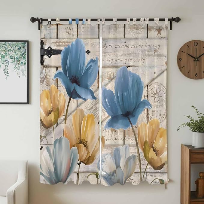 Blue Yellow Tulips Living Room Curtains 84 Inch Length, Window Curtains Tab Top - Image 2