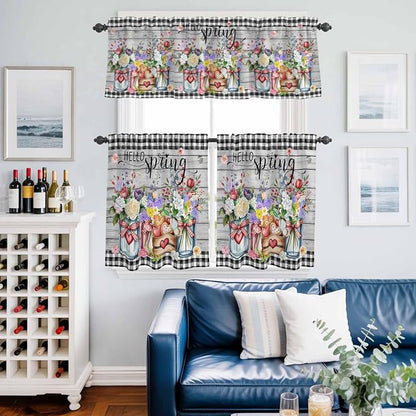 Kitchen Curtains Tiers and Valance Set of 3, Spring Flowers Light Filtering - Image 6