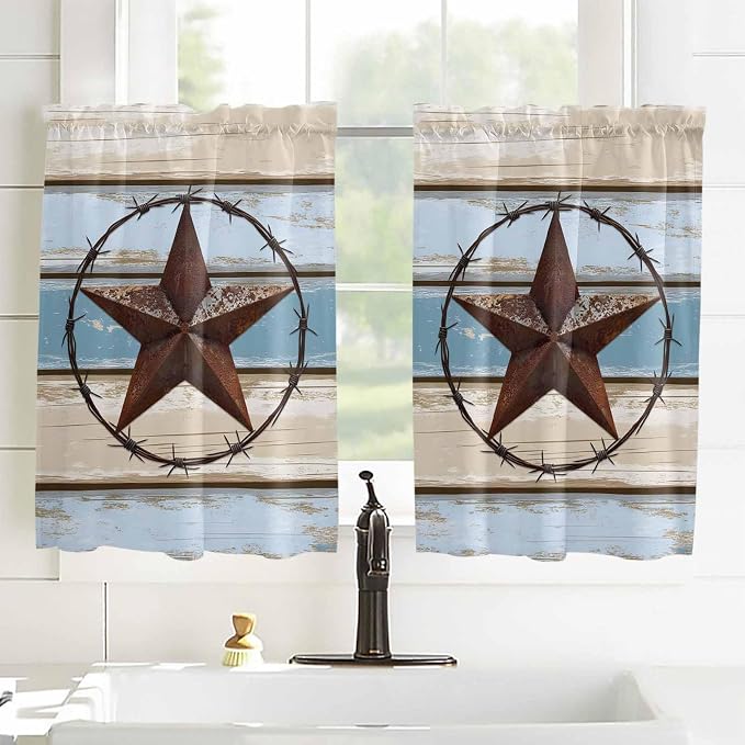 Vintage Western Star on Wood Grain Window Valance Curtains, Retro Wooden - Image 2