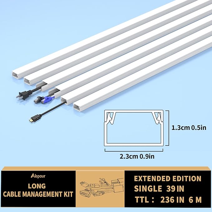 Extra-Long Paintable Cord Cover Hider for Wall Mounted TV - 6x 39.4in TTL 236in