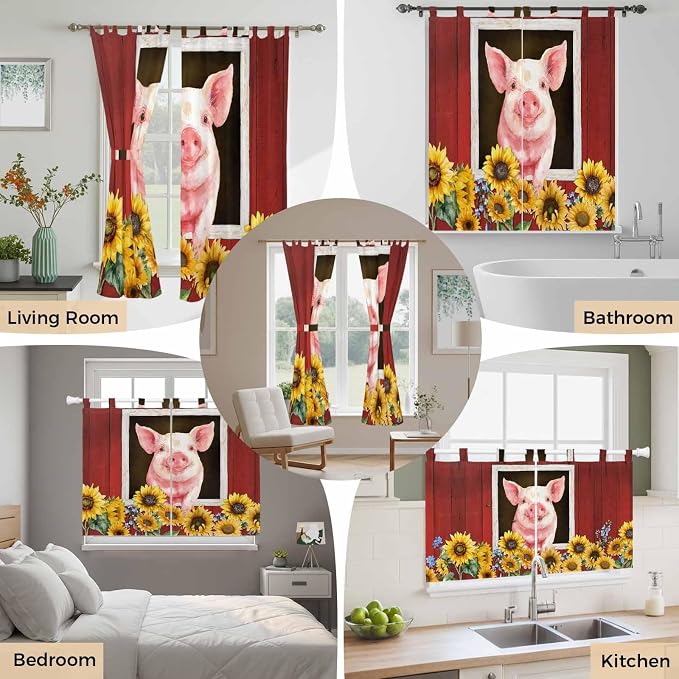 Pigs Sunflowers Kitchen Curtains 24 Inch Length, Small Window Curtains Tab Top - Image 7
