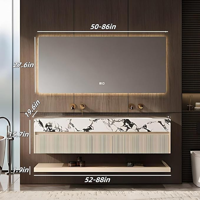 Fashionable Bathroom Vanity with Sink, Smart One-Click Defogging & LED Light, Bathroom Sink and Cabinet with Wave Striped Panel, Rockslab Countertop (Mirror, 52IN)
