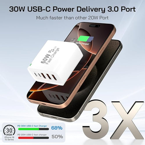2Pack USB C Fast Charger Block, Total 60W 5-Port USB C Wall Charger 30W Type C Charging Block, 2USB C+3USB A PD 3.0 Multiport Charging Cube for iPhone 17 16 15 14 Pro Max, G-alaxy S25 S24 Ultra, i Pad