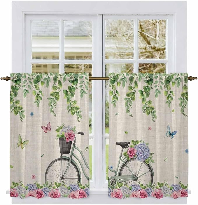 Farmhouse Spring Tier Curtains, Retro Bicycles Flowers Vines Butterfly Light by Unknown