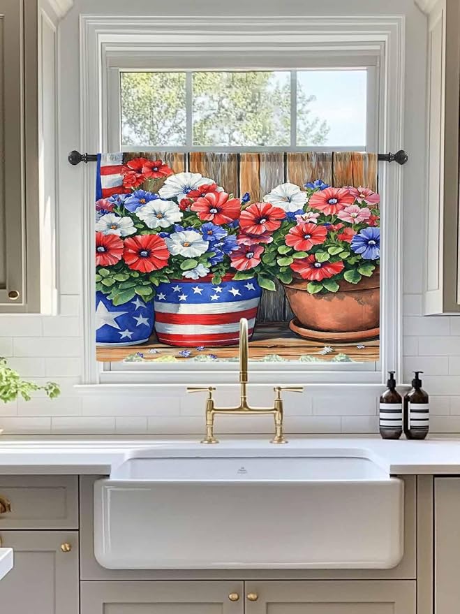 Sheer Curtains 45 Inch Length, Retro Independence Day Flag Wood Grain Privacy - Image 3