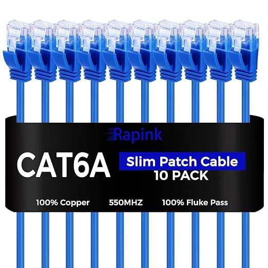 Rapink Patch Cables Cat6a 20ft (10 Pack) Slim, Cat6a Ethernet Patch Cable 10G Support, Snagless Cat 6 Patch Cable for Patch Panel to Switch, Flexiable Cat 6a Ethernet Cable with Gold Plated