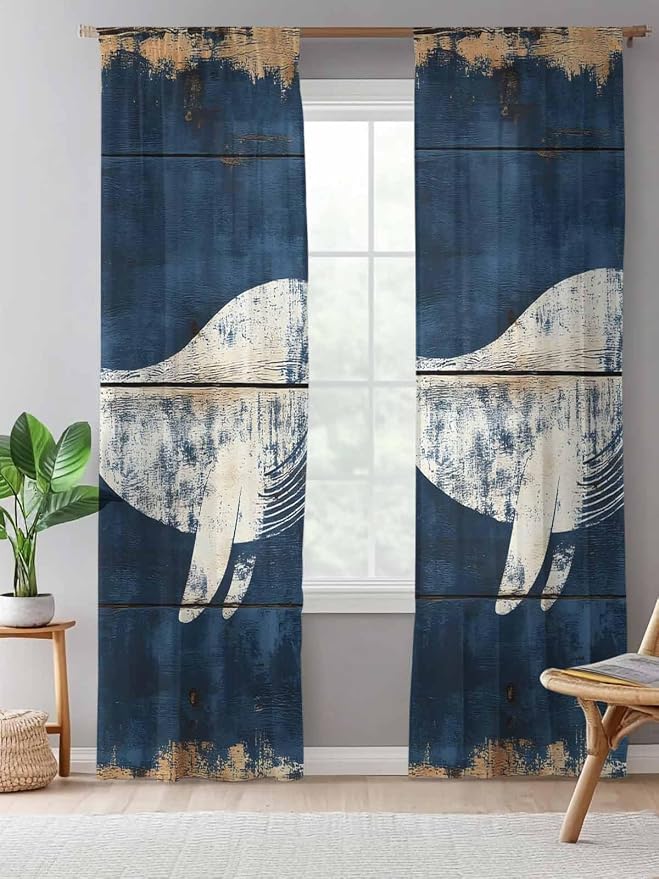 Sheer Curtains 84 Inches Long, Ocean Whale Blue Semi Sheer Curtains Light - Image 5