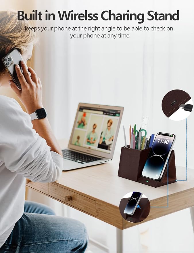 Desk Supplies Organizer, Multi-Functional Pencil Pen Holder with Wireless Charger, Desktop Stationery Organizer, Home Office Supply Storage Box Caddy (Brown)