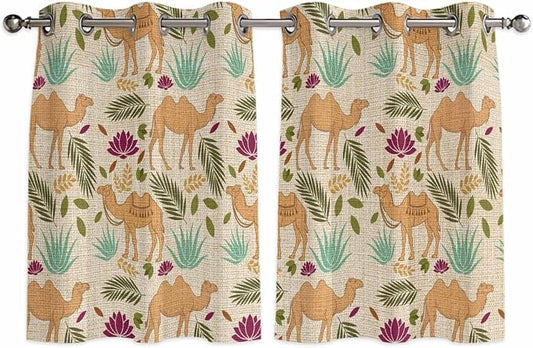 2 Panel Kitchen Cafe Curtains, Desert Camels Sunlight Filtering Nature Air by Hokiten
