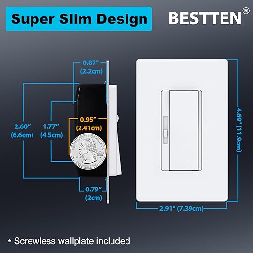 BESTTEN Super Slim Dimmer Light Switch, Quiet Rocker, Max 300W LED, CFL, 600W Incandescent, Single Pole or 3 Way Dimmable Switch with Screwless Wallplate, ETL Listed, 3 Pack, White