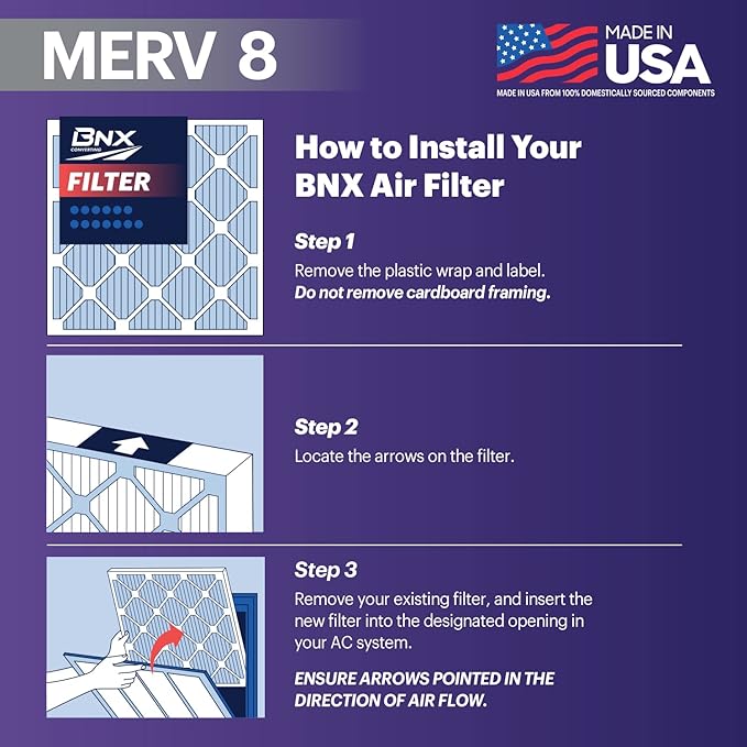 BNX 20x20x1 MERV 8 Air Filter 2 Pack - MADE IN USA - Electrostatic Pleated Air Conditioner HVAC AC Furnace Filters - Removes Dust, Mold, Pollen, Lint