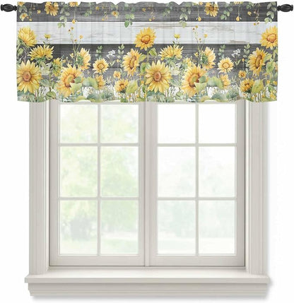 Summer Floral Sheer Valance Curtains, Watercolor Sunflower Eucalyptus Leaves by Houseown