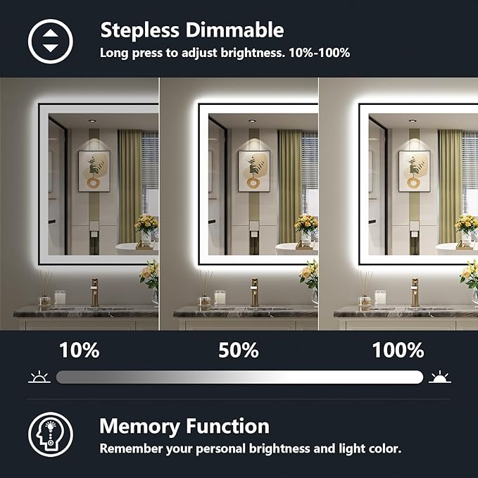 YEELAIT 55x36 Inch LED Bathroom Mirror with Lights (Front Lit and Backlit) Black Framed Lighted Vanity Mirror for Bathroom Wall Dimmable Anti-Fog Memory Tempered Glass Horizontal/Vertical