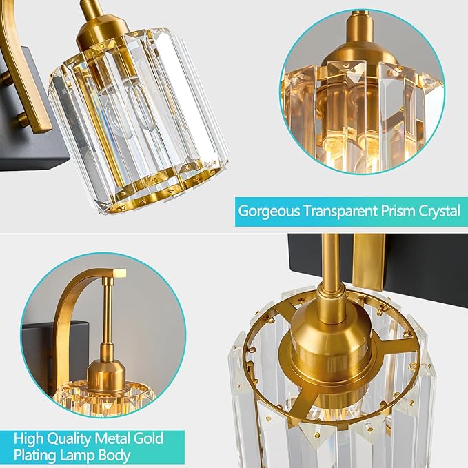 FDPBY 6-Light Crystal Vanity Light, Black Gold Modern Wall Sconce with K9 Crystal Shades, 51.18" Long Over Mirror Lighting for Bathroom, Makeup, Hallway, Elegant & Easy Install