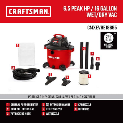 CRAFTSMAN CMXEVBE18695 16 Gallon 6.5 Peak HP Wet Dry Vac, Heavy-Duty Shop - Image 3