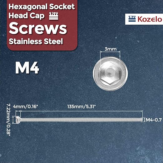Kozelo 4pcs Socket Head Cap Screws - [M4-0.7 x 135mm] 304 Stainless Steel Allen Socket Drive for Electrical Motor 3D Printing Fan Engine Replacement Use, Silver