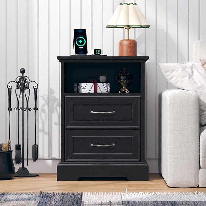 Nightstand with Charging Station Set of 2,18" Wide End Table with 2 Large Drawers & Metal Handles,Farmhouse Wood Small Dresser,Bedside Table,Modern Chest of Drawers for Bedroom,Living Room,Black