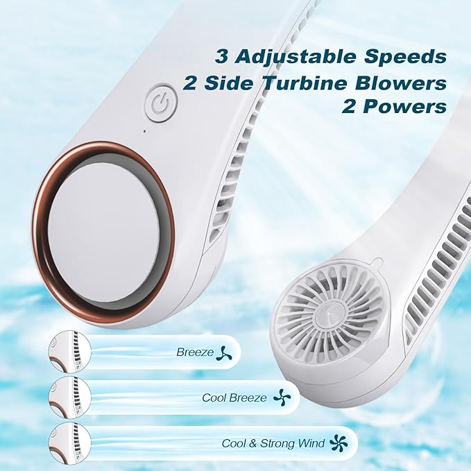 CIVPOWER Neck Fan: Portable Personal Neck Cooling Rechargeable Bladeless Fan - Hands Free 3 Speed 4000 mAh Battery USB Operated Wearable Headphone Design - for Men Women Outdoor Indoor (White)