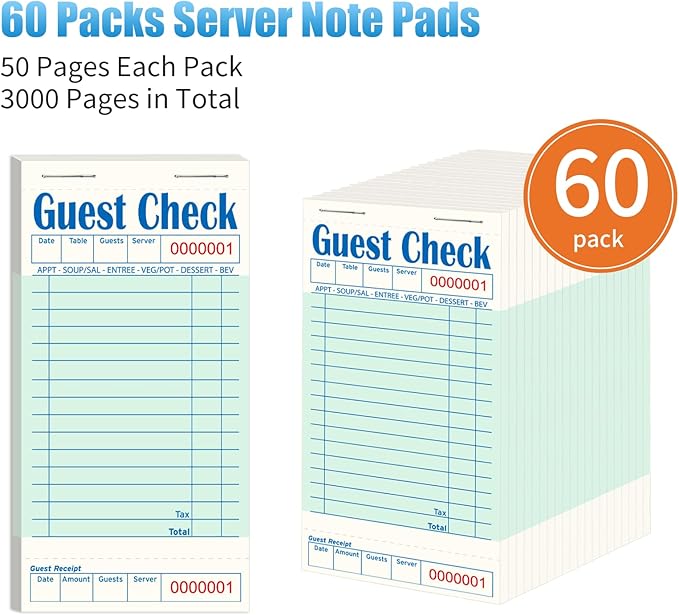 60 Pack/3000 Tickets Guest Checks Books for Servers, Green Server Books for Waitress, Server Note Pads for Restaurants