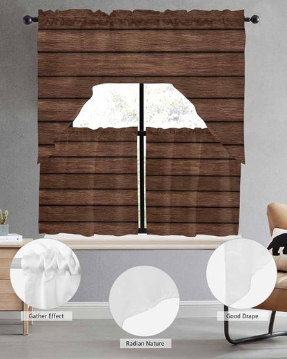 Brown Wooden Board Swag Kitchen Curtains Valance and Tier Set, Vintage Wood - Image 5