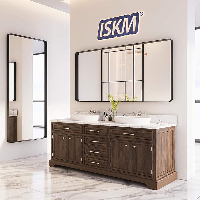 ISKM Black Framed Mirror for Wall 72"x 40", Large Bathroom Mirror Anti-Rust, Tempered Glass, Rounded Rectangle Mirror(Horizontal/Vertical)