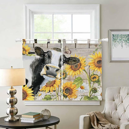 Yellow Sunflowers Kitchen Curtains 45 Inch Length, Short Cafe Window Curtains - Image 2