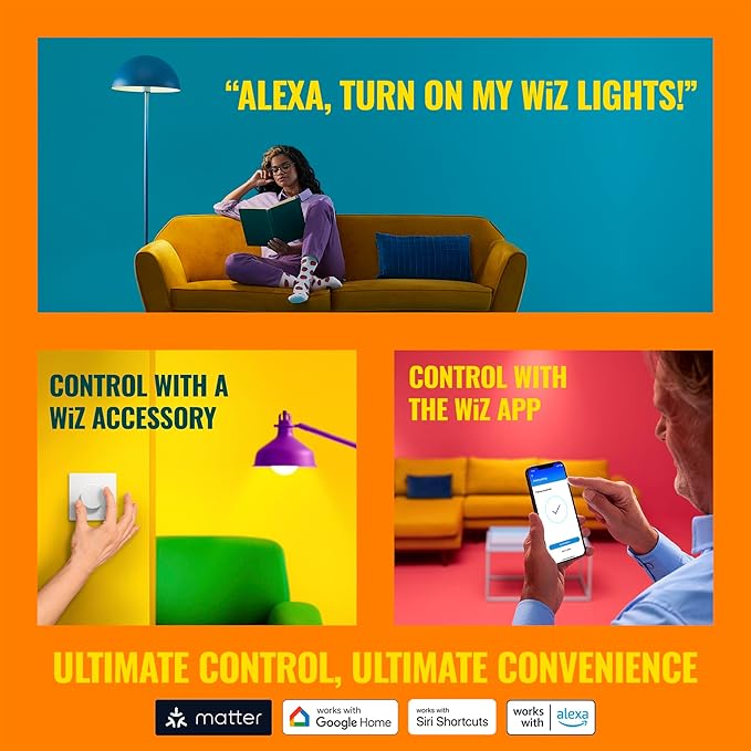 WiZ Color G25 Color Filament LED Smart Bulb - Pack of 6-300 Lumen - E26 Indoor - Connects to Your Existing Wi-Fi - Control with Voice or App + Activate with Motion - Matter Compatible.
