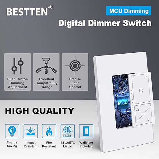 BESTTEN 10 Pack Super Slim Digital Dimmer with Air Gap Power Cut Off Switch, Single Pole or 3 Way Dimmable Light Dimmer Switch, 3 Button Control, Screwless Wallplate Included, ETL Listed, White
