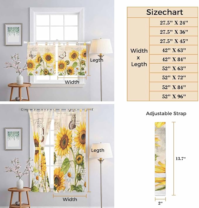 Yellow Sunflowers Kitchen Curtains 45 Inch Length, Short Cafe Window Curtains - Image 8