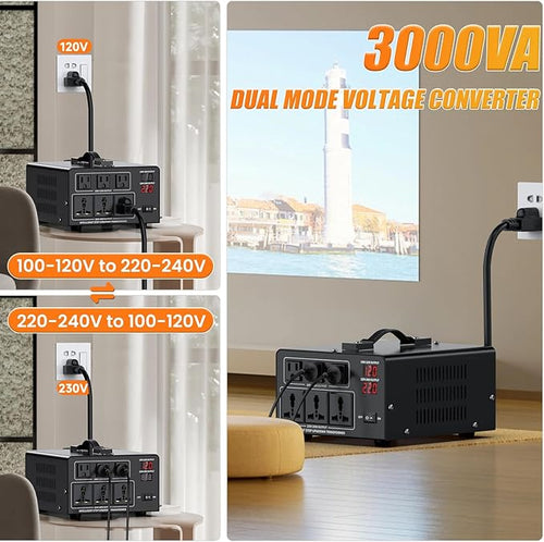 3000W Voltage Converter Transformer Step Up 110V/120V to220V/240V or Step Down 220V to 110V AC Power Converte, Circuit Breaker Protection, 3 US sockets, 3 Universal sockets, LCD Display