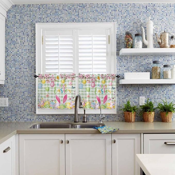 Happy Easter Half Window Curtains 24 Inches Long, Spring Bunny Eggs Flower Sage - Image 2