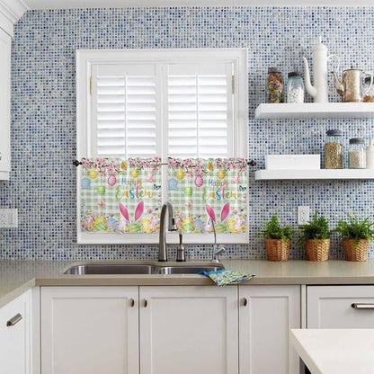 Happy Easter Half Window Curtains 24 Inches Long, Spring Bunny Eggs Flower Sage - Image 2