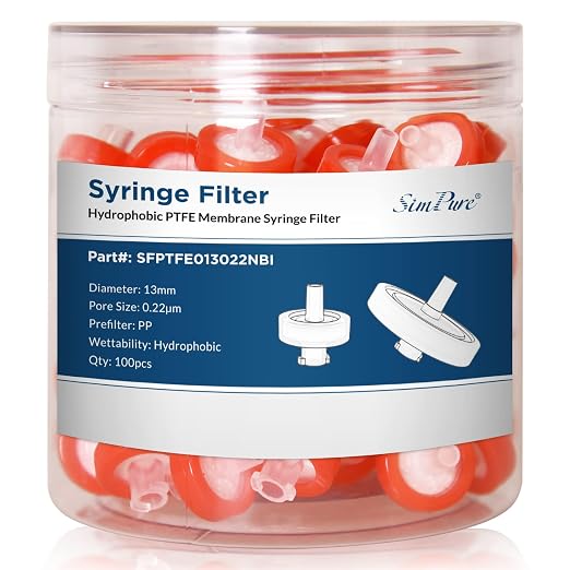 SimPure Syringe Filter PTFE Hydrophobic Membrane 100 PCS, 0.22um Pore Size by SimPure_Water