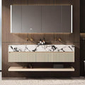 Fashionable Bathroom Vanity with Sink, Smart One-Click Defogging & LED Light, Bathroom Sink and Cabinet with Wave Striped Panel, Rockslab Countertop (Mirror Cabinet, 64IN)