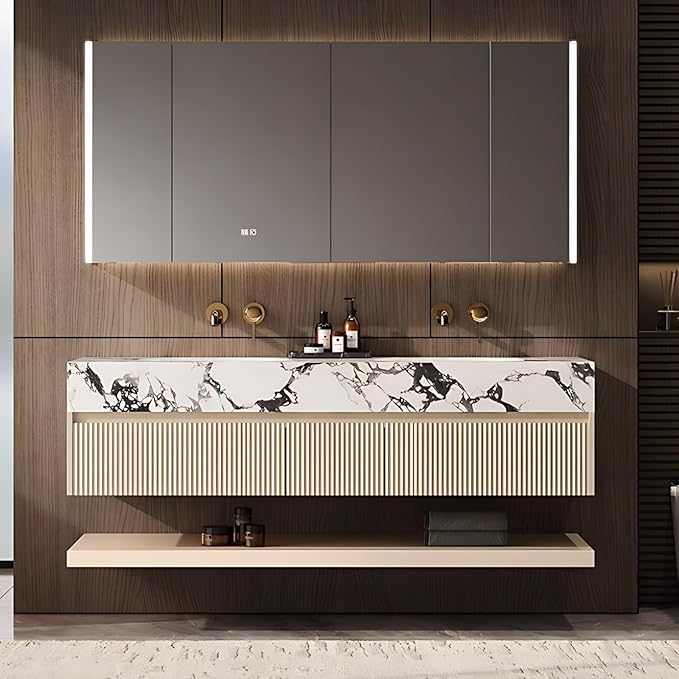 Fashionable Bathroom Vanity with Sink, Smart One-Click Defogging & LED Light, Bathroom Sink and Cabinet with Wave Striped Panel, Rockslab Countertop (Mirror Cabinet, 64IN)