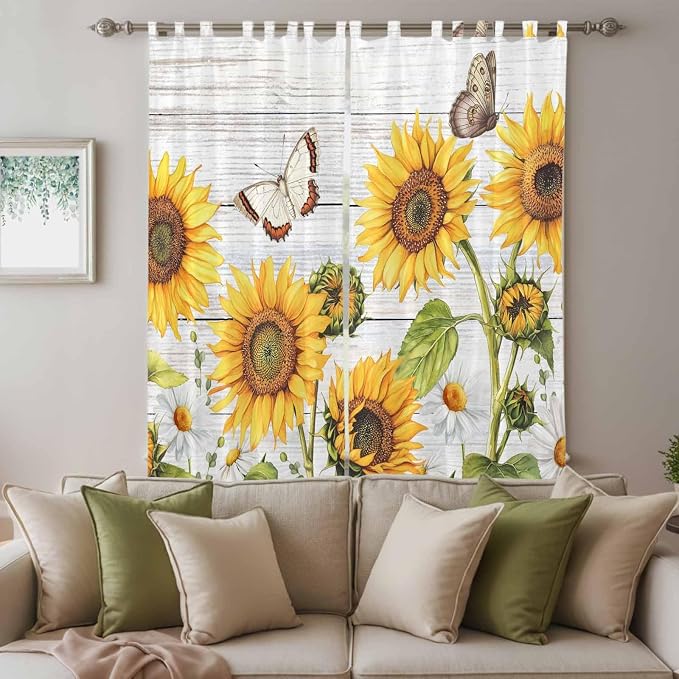 Yellow Sunflowers Living Room Curtains 96 Inch Length, Window Curtains Tab Top - Image 3