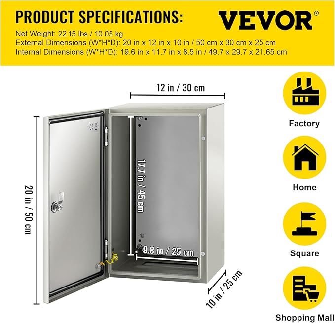 VEVOR NEMA Steel Enclosure, IP66 Waterproof & Dustproof, Outdoor/Indoor - Image 7