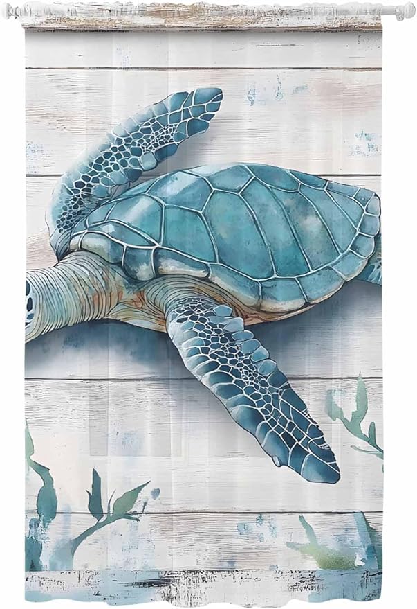 Sheer Curtains 108 Inches Long, Teal Green Sea Turtle Semi Sheer Curtains Light by Unknown