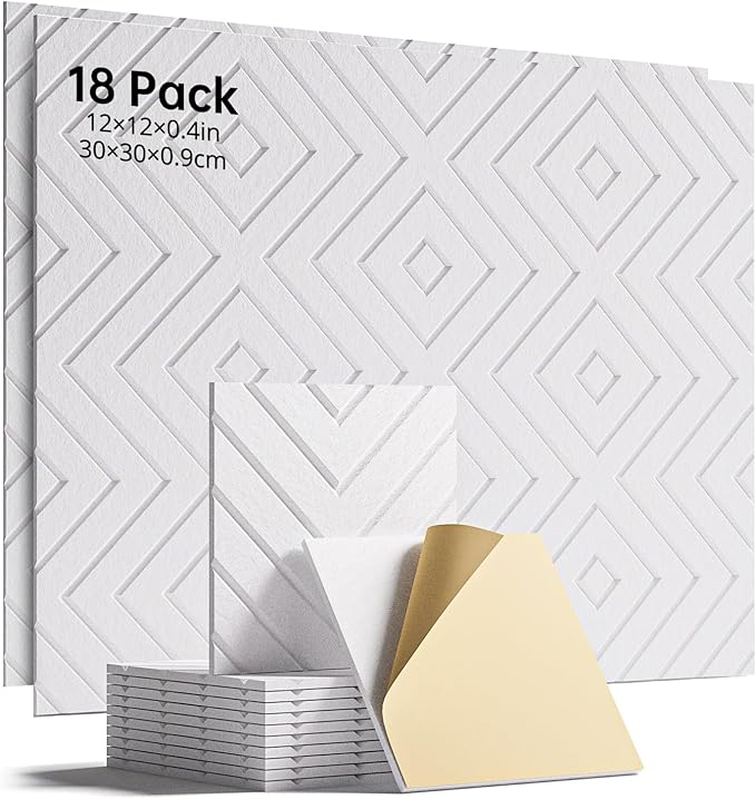 Woovio Sound Proof Foam Panels for Walls, 18 Pack Self-Adhesive Acoustic Panels, 12" X 12" X 0.4" Soundproof Wall Panels for Door, Ceiling, Home Office White