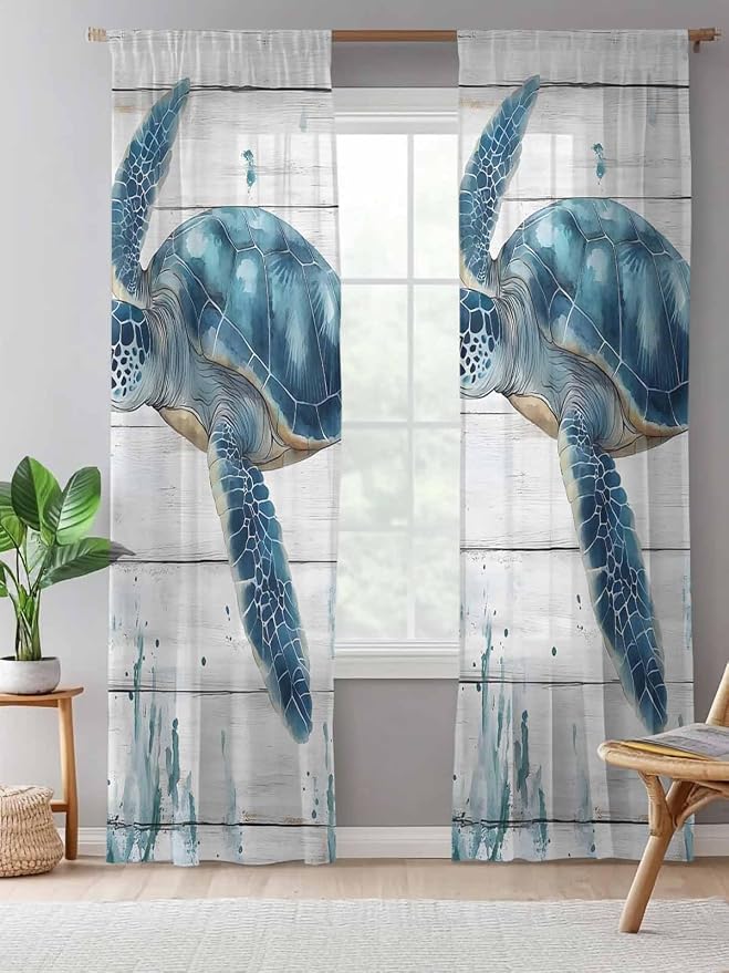 Sheer Curtains 96 Inches Long, Teal Green Ocean Turtle Semi Sheer Curtains - Image 5