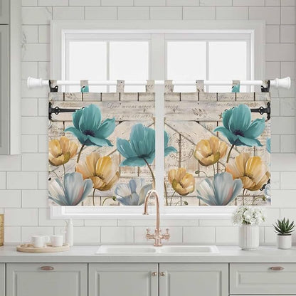 Watercolor Flowers Kitchen Curtains 36 Inch Length, Small Window Curtains Tab - Image 3
