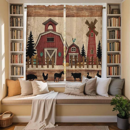 Brown Farmhouse Kitchen Curtains, Vintage Country Animals Wooden Grain Light - Image 3