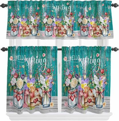 Spring Flowers Kitchen Curtain Set, Farmhouse Watercolor Teal Wood Grain Window by Unknown
