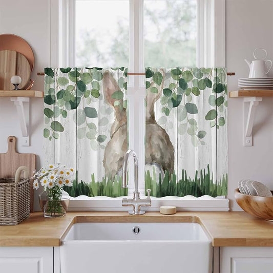 Easter Kitchen Curtains, Country Rabbit Botanical Leaves Wooden Grain Light by Unknown