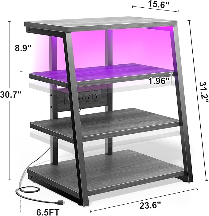 Besiost AV Media Stand with Outlets, Media Console with LED Lights, Stereo Racks and Stands with Storage Shelves, Media Audio Tower Stand, Light Grey Walnut