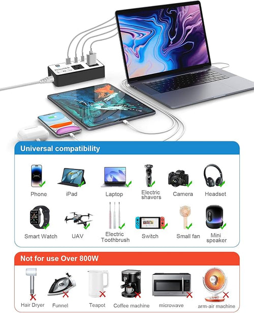 200W Voltage Converter US to Europe, Step Down Travel Power Adapter with 4 USB Ports, 2 AC Outlets for Curling Iron Hair Straightener Laptop, EU UK AU Plug, for Cruise Ship Travel